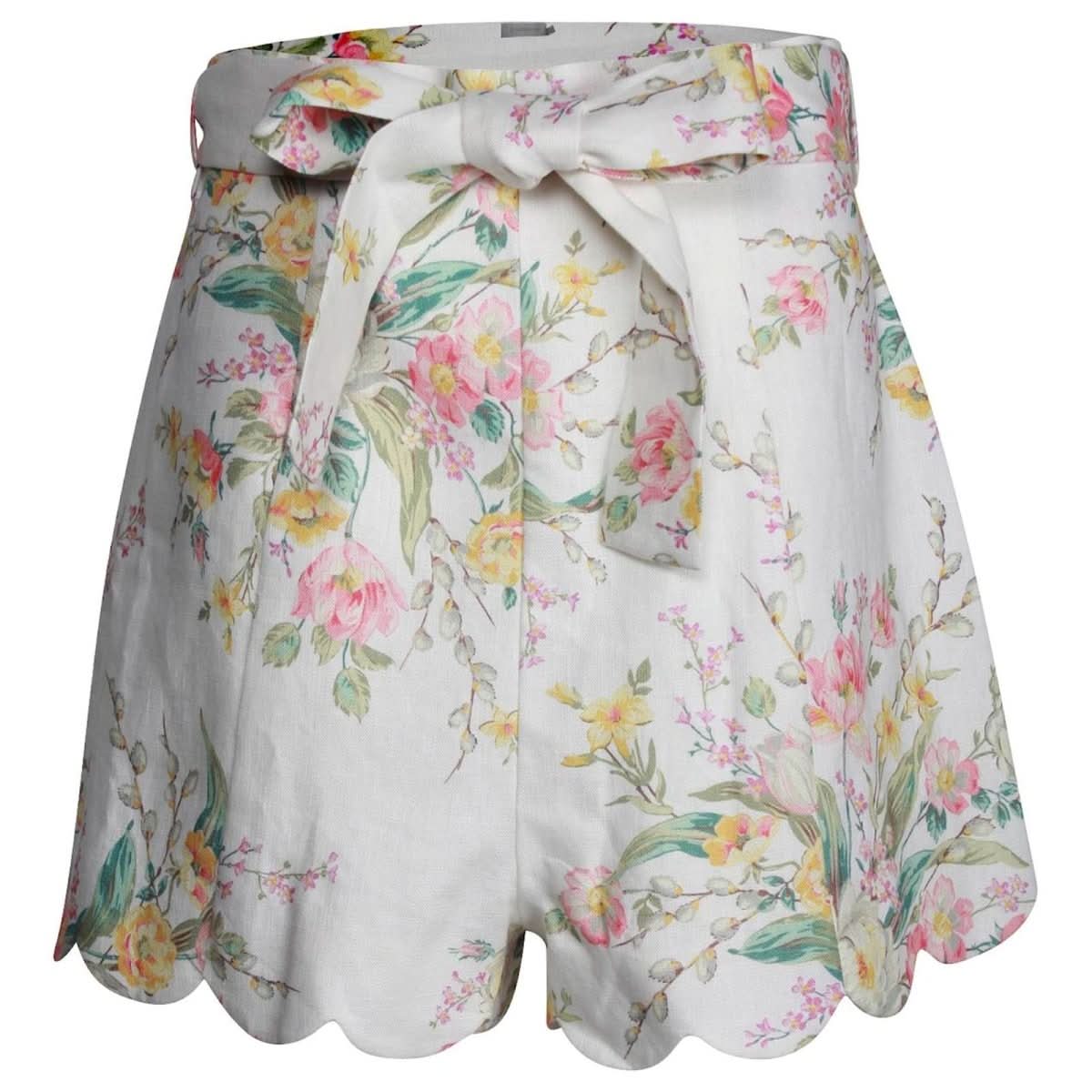 Zimmermann White Zinnia Scalloped Floral - Print Linen Shorts Size 0 UK 8 - Reliked