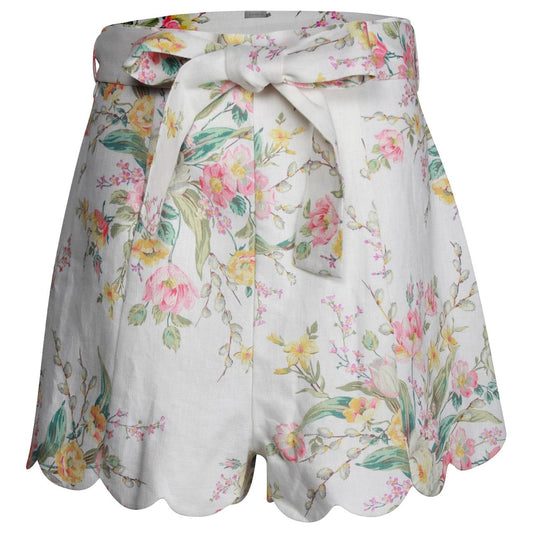 Zimmermann White Zinnia Scalloped Floral-Print Linen Shorts Size 0 UK 8