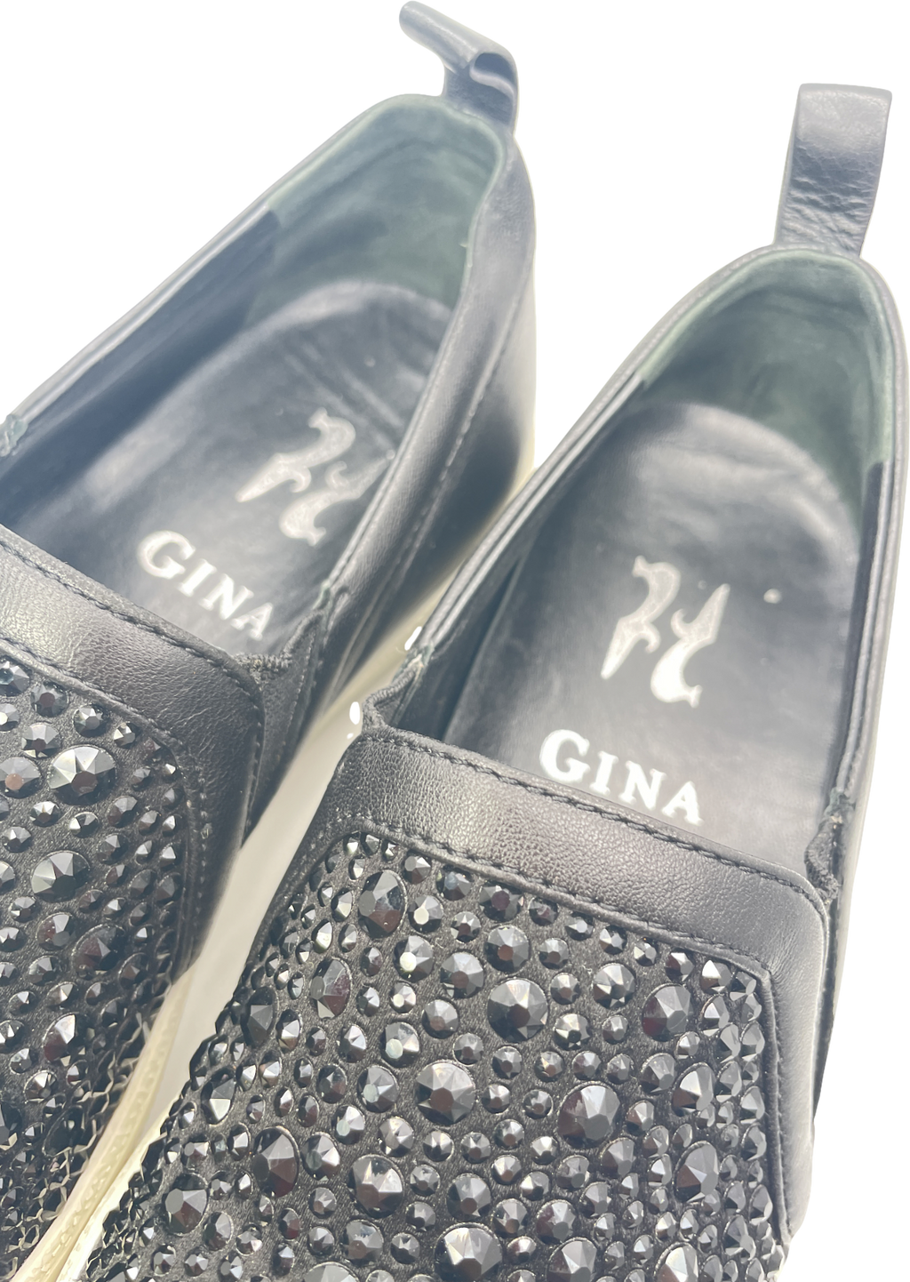 Gina Black Leather & Crystal Embellished Satin Gioia Slip On Skate Sneakers Trainers UK 3 EU 36 👠