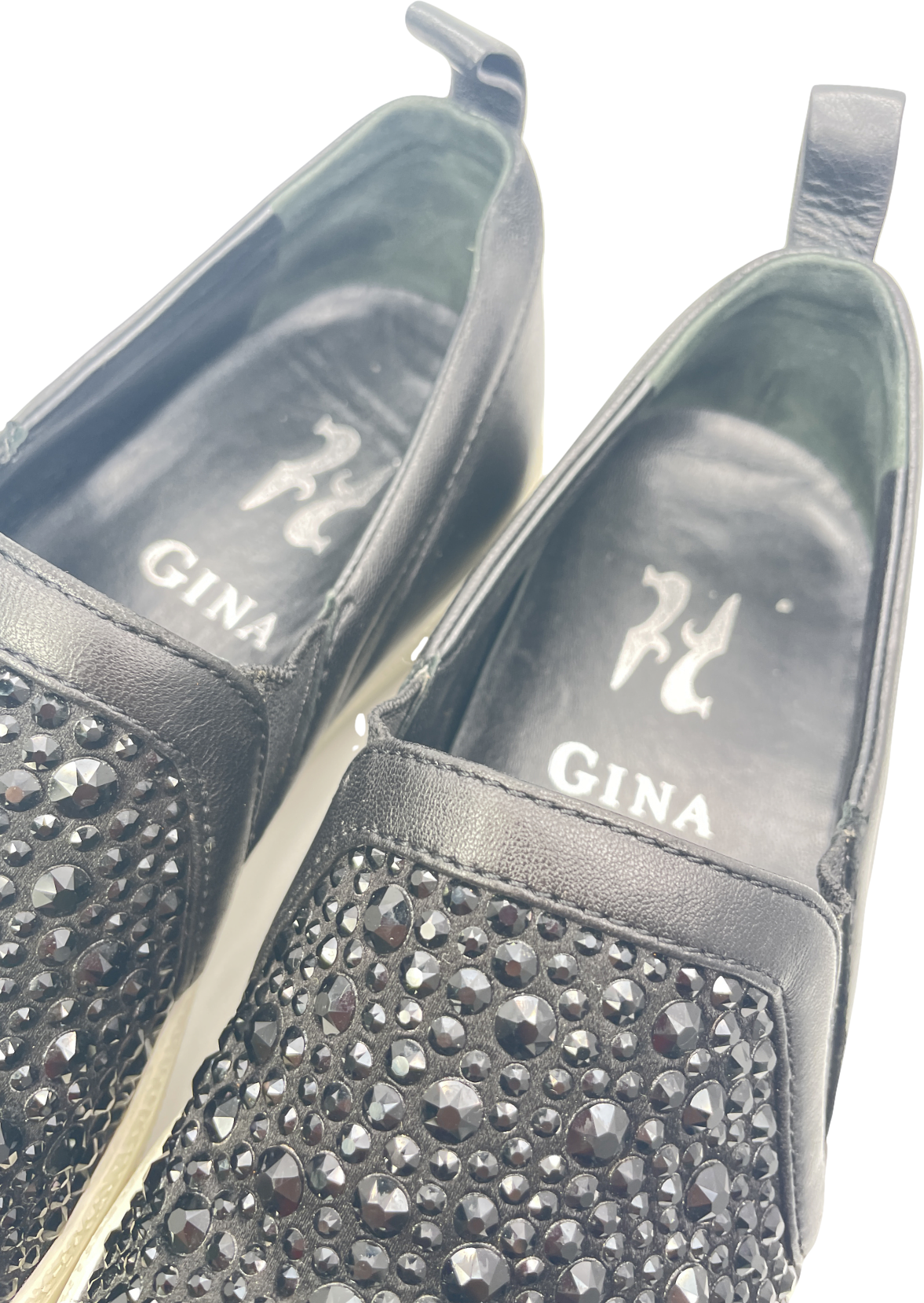 Gina Black Leather & Crystal Embellished Satin Gioia Slip On Skate Sneakers Trainers UK 3 EU 36 👠