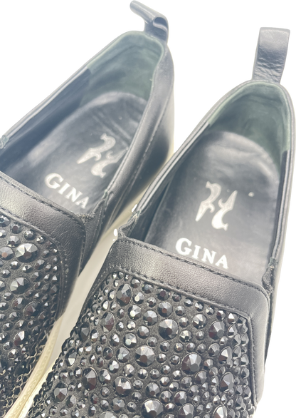 Gina Black Leather & Crystal Embellished Satin Gioia Slip On Skate Sneakers Trainers UK 3 EU 36 👠