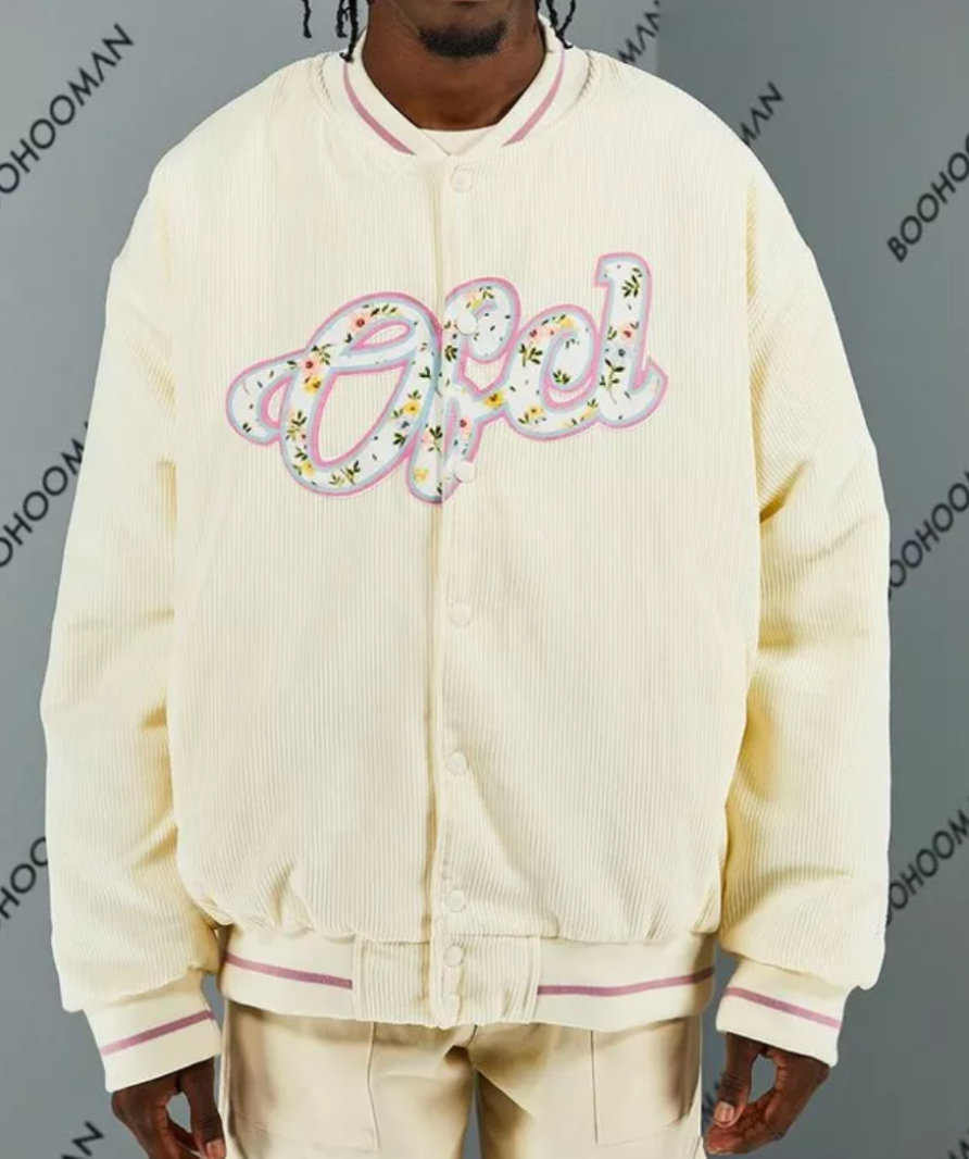 Boohoo Ecru Tn Ofcl Floral Cord Oversized Varsity Bomber Jacket UK XL