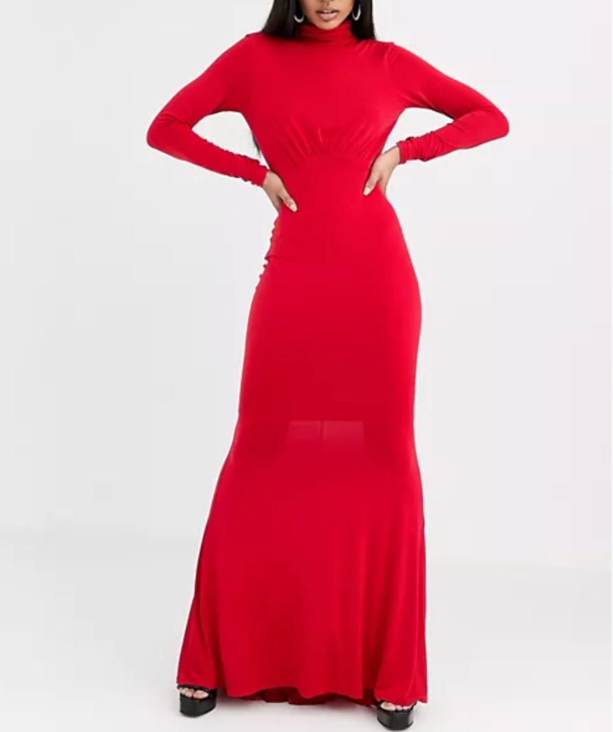 Flounce London Red High Neck Fishtail Maxi Dress with Ruched Detail UK 6