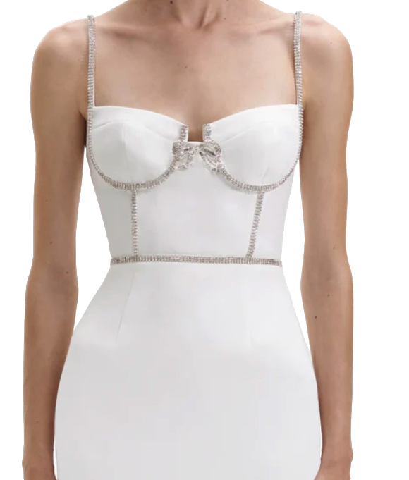 Self-Portrait White Bow-tie Crystal-embellished Crepe Mini Dress BNWT UK 14
