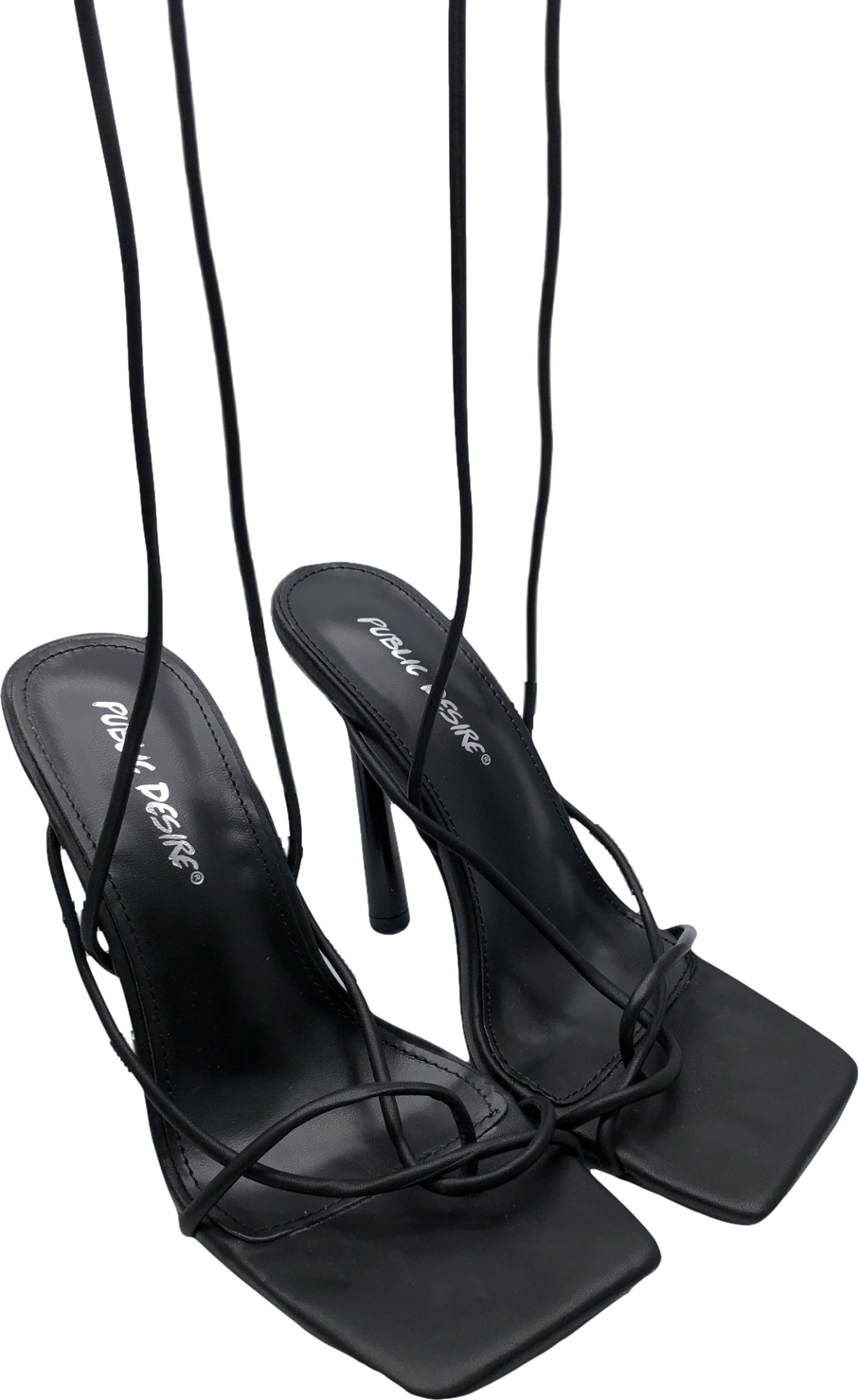 Public Desire Black Divine Strappy Pu Lace Up Square Toe Stiletto UK 4 EU 37 👠