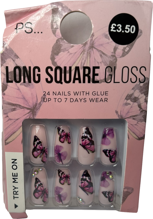 Primark Long Square Gloss Nails Butterfly 24 nails
