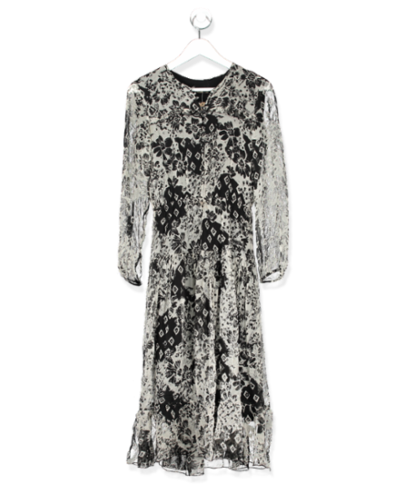 Massimo Dutti Black & White floral mesh button up tiered maxi dress UK 8