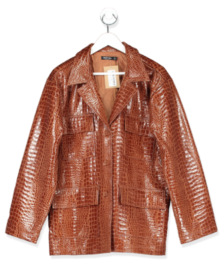 NASTY GAL Brown Croc Faux Leather Vinyl Belted Jacket (without belt) UK 10