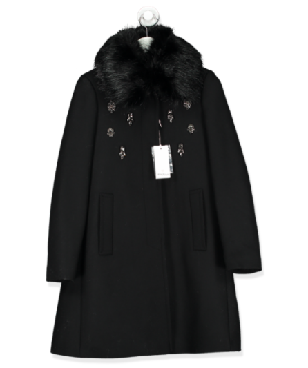 Motivi black fur collar longline coat UK 6