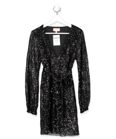 Club L London Black Sequin Balloon Sleeve Tie Around Dress UK 8