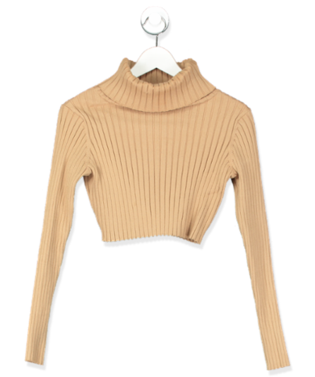 Oh Polly camel ribbed cropped turtleneck top UK M