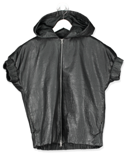 Winston Wolfe black leather croc effect short sleeve zip up hooded jacket uk S