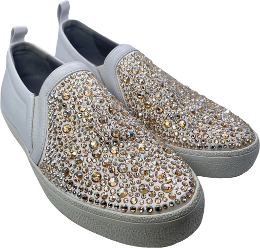 Gina White White/gold Leather & Crystal Embellished Satin Gioia Slip On Skate Sneakers Trainers UK 4 EU 37 👠