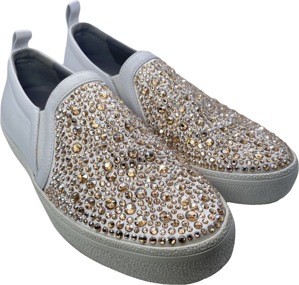 Gina White White/gold Leather & Crystal Embellished Satin Gioia Slip On Skate Sneakers Trainers UK 4 EU 37 👠