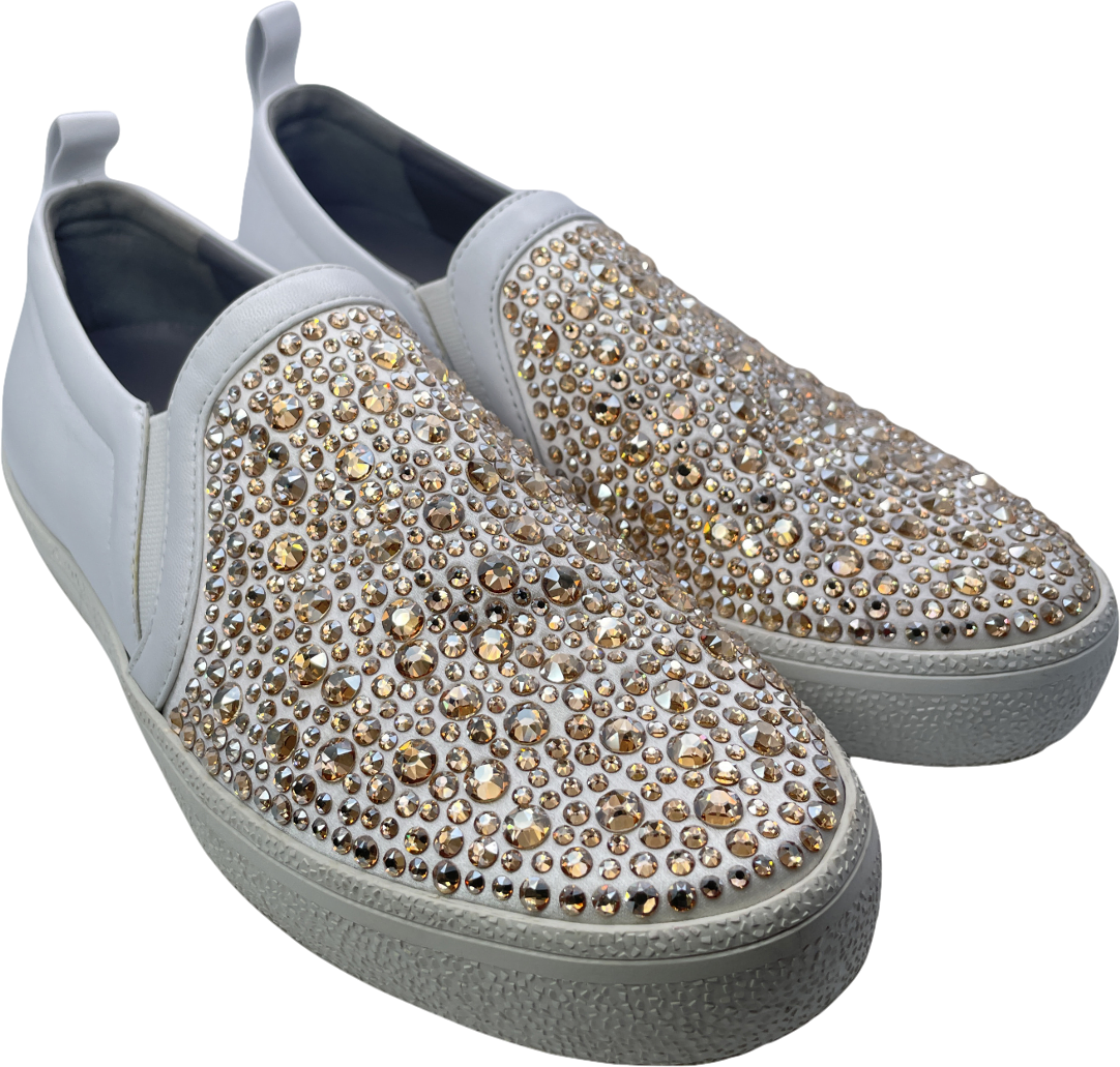 Gina White White/gold Leather & Crystal Embellished Satin Gioia Slip On Skate Sneakers Trainers UK 4 EU 37 👠