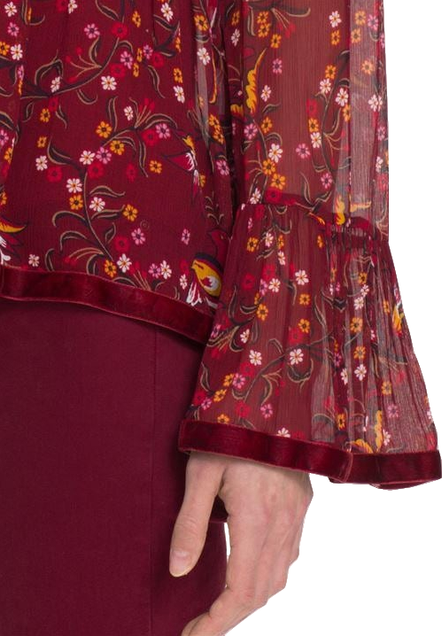 TOMMY HILFIGER Burgundy Velvet Trim Floral Blouse UK 6
