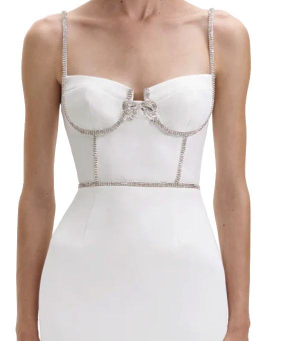 Self-Portrait White Bow-tie Crystal-embellished Crepe Mini Dress BNWT UK 16