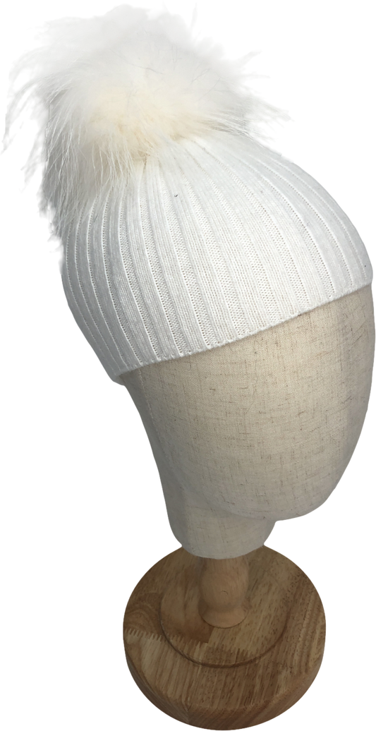 White Fluffy Pom Pom Beanie Hat 1 Year
