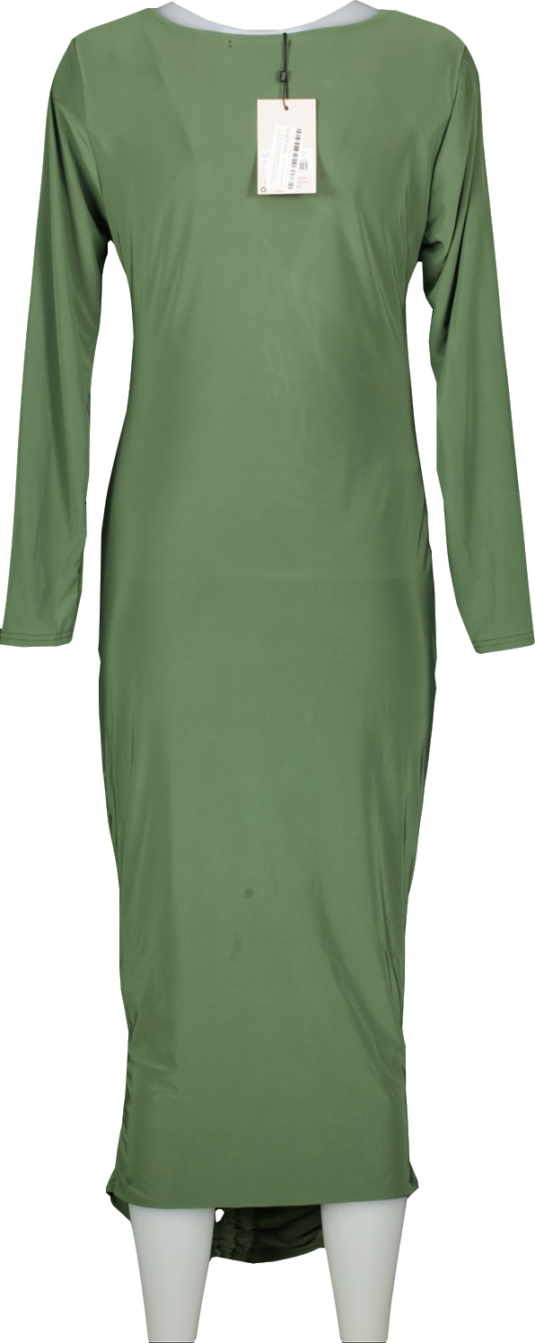 Missguided Green Khaki Long Sleeve Slinky Ruched Midi Dress Bnwt UK 18