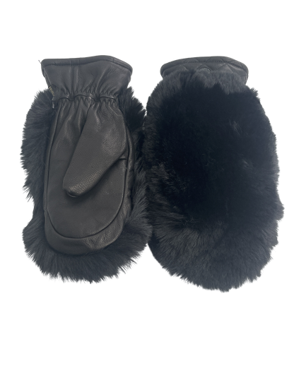 Goldbergh Waterproof breathable Black Real Leather / Faux Fur Hill Mittens with wrist straps SZ 7.5  L