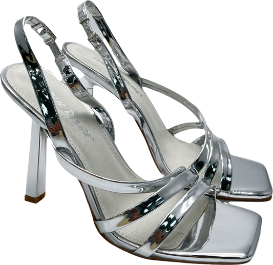 Public Desire Roxie Silver Metallic Asymmetric Strap Square Toe Stiletto Heels UK 5 EU 38 👠