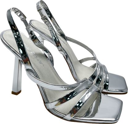 Public Desire Roxie Silver Metallic Asymmetric Strap Square Toe Stiletto Heels UK 5 EU 38 👠