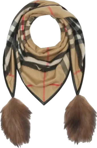 Burberry Beige 100% Cashmere Classic Check Scarf With Lamb Leather Trim And Faux-fur Tassels BNWT