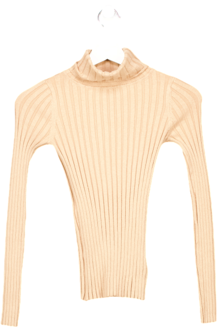 The Drop Beige Brown Ribbed Elastic Roll Over Necked Top UK XXS