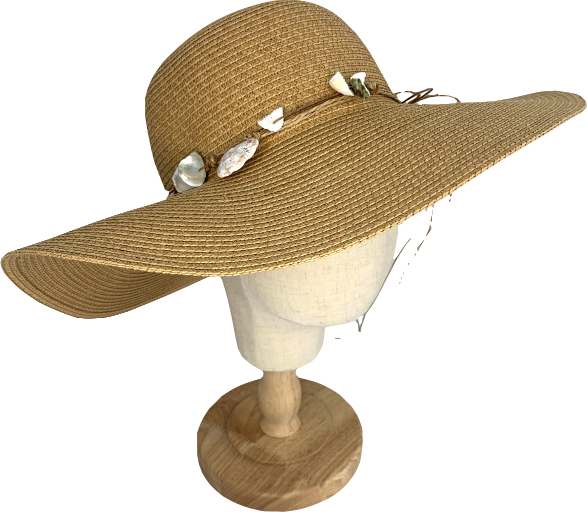 Beige Wide Brim Straw Hat With Shell Detail One Size