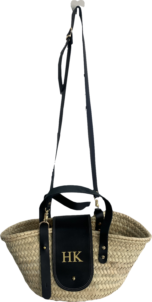The Straw Basket Company Black St. Tropez Leather Flap Straw Basket Bag