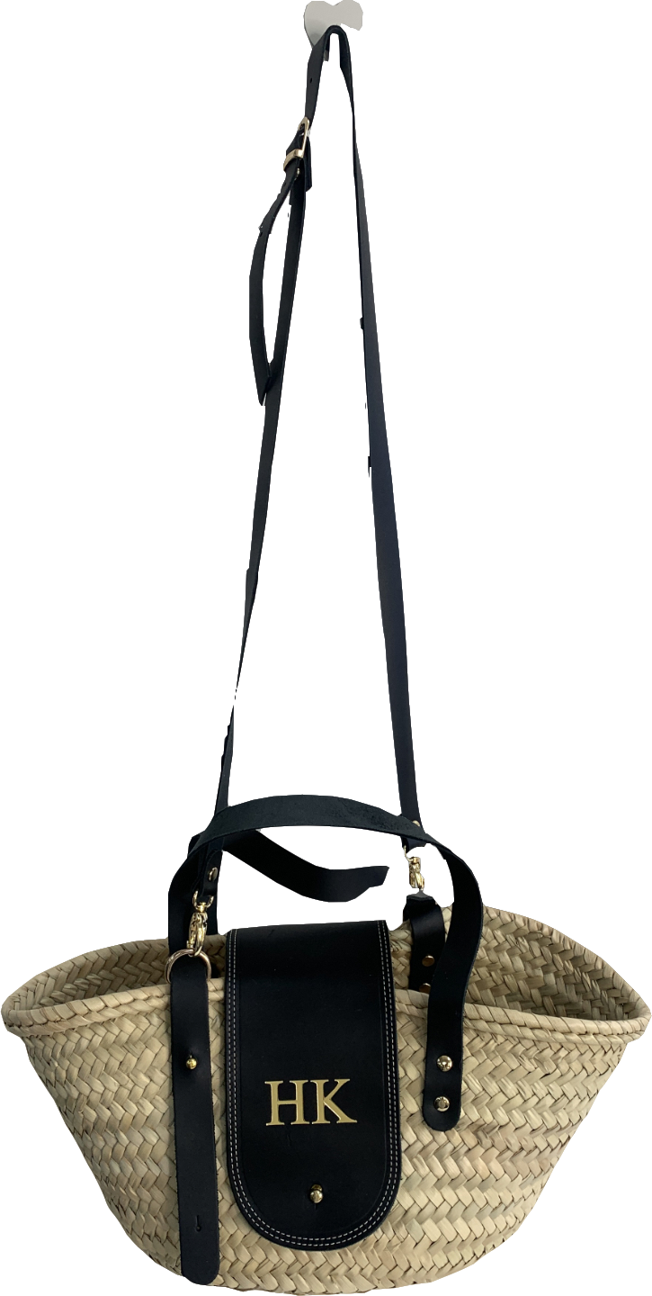 The Straw Basket Company Black St. Tropez Leather Flap Straw Basket Bag
