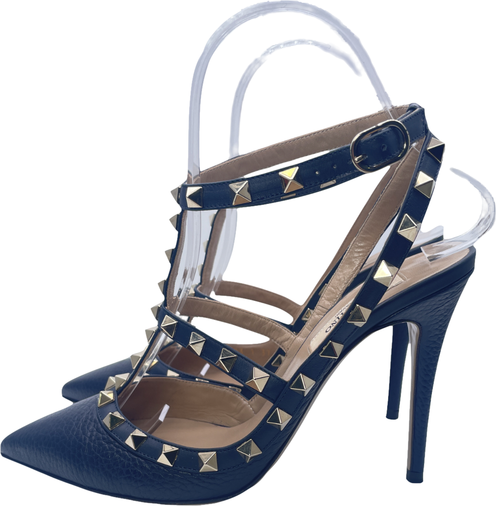 Valentino Garavani Navy Blue Rockstud Grainy Calfskin Ankle Strap Pump 100 Mm UK 4 EU 37 👠