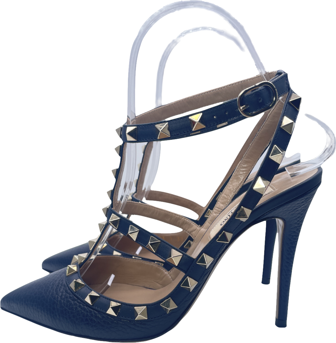 Valentino Garavani Navy Blue Rockstud Grainy Calfskin Ankle Strap Pump 100 Mm UK 4 EU 37 👠