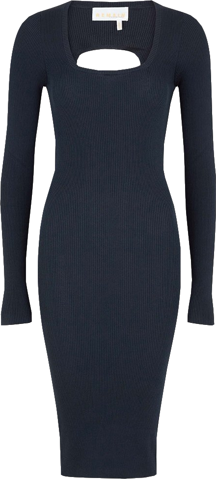 Remain Birger Christensen Midnight Blue Serena Ruched Ribbed-knit Midi Dress Bnwt UK 10