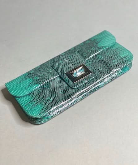 KARA ROSS GREEN SNAKE PRINT CLUTCH BAG