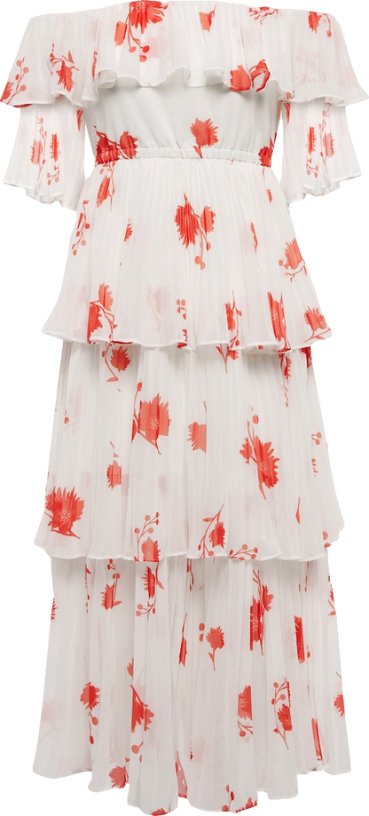 Self-Portrait White White/red Tiered Floral Chiffon Dress UK 12