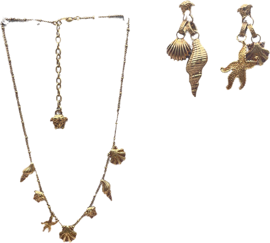 Gianni Versace Metallic 1992 Shell And Starfish Old Gold Necklace And Earrings Set