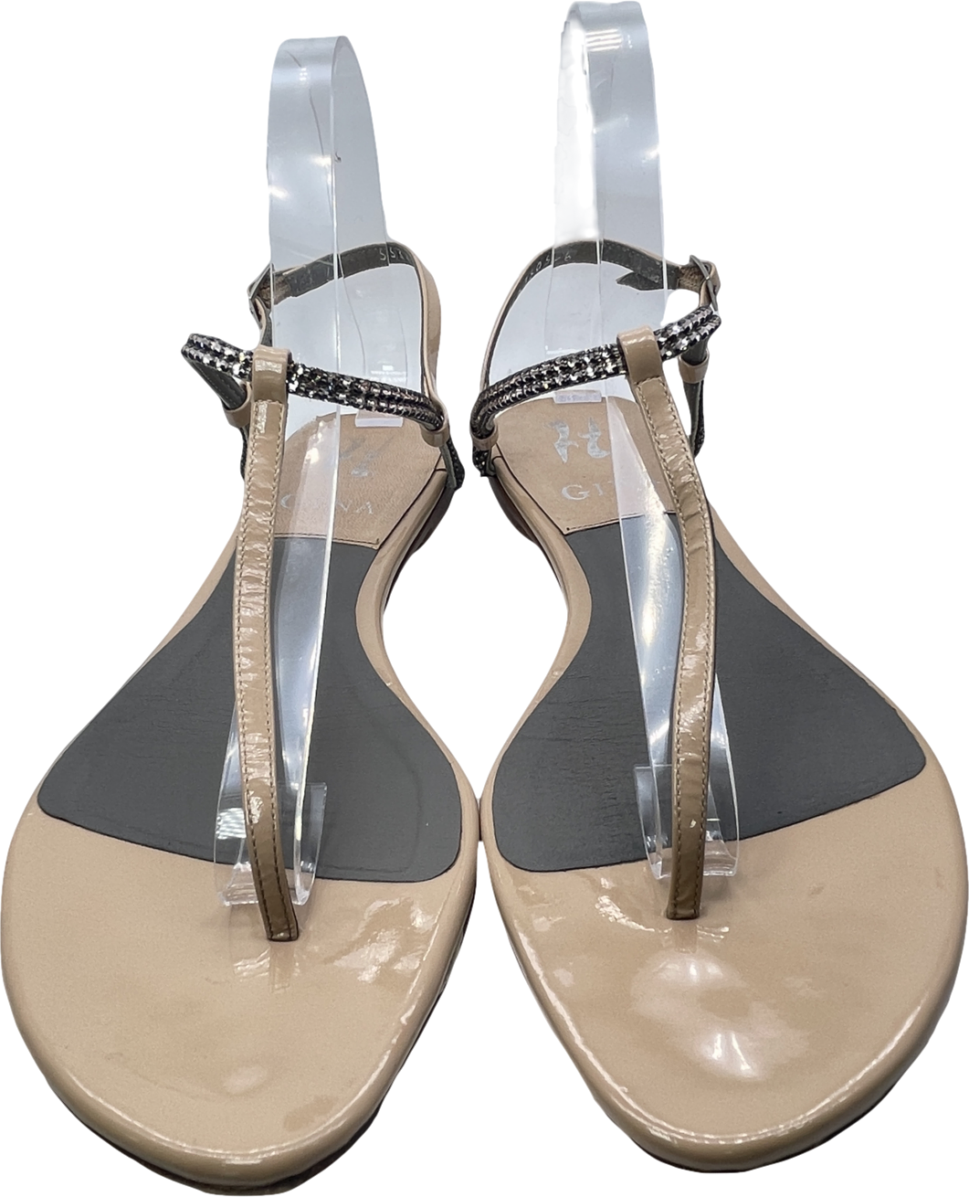 Gina Nude Embellished Patent Leather Thong Sandals UK 6 EU 39 👠