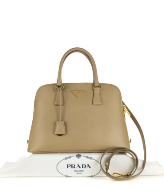 PRADA Sand Large Saffiano Leather Promenade bag with Gold hardware