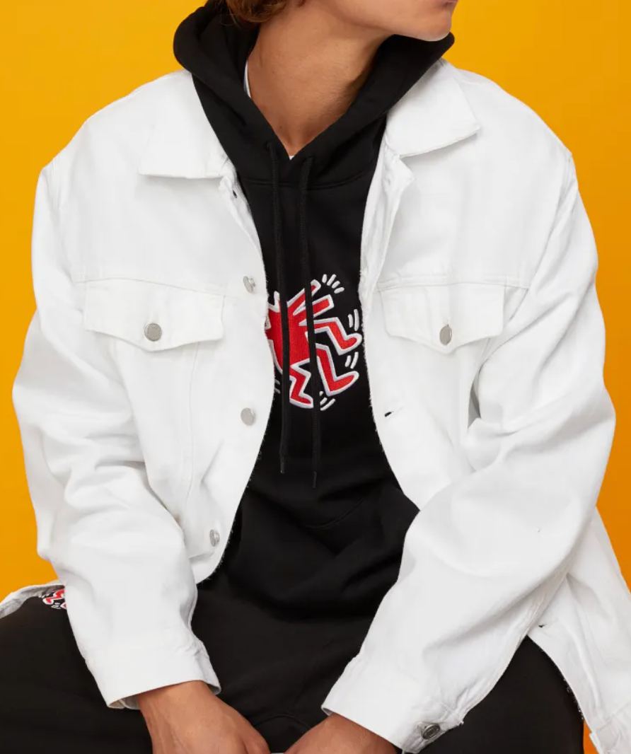 H&M white oversized printed denim jacket UK M