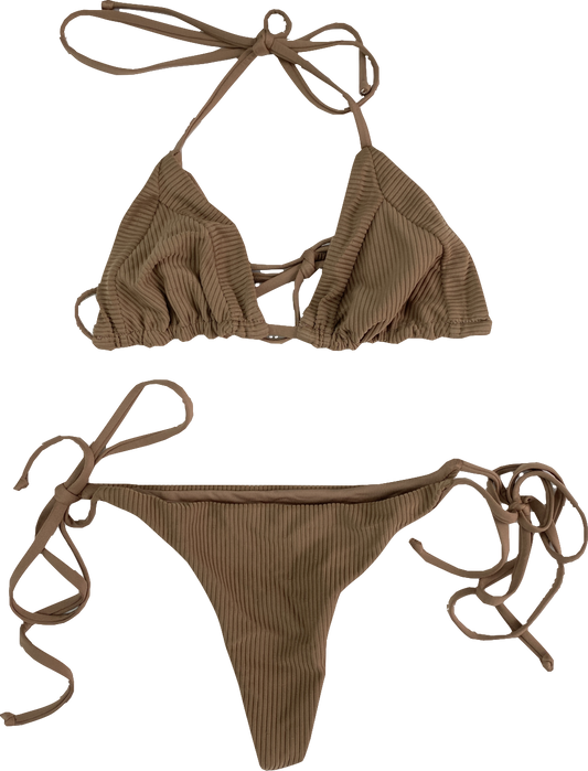 Frankies Bikinis Brown Triangle Ribbed Bikini Set UK M
