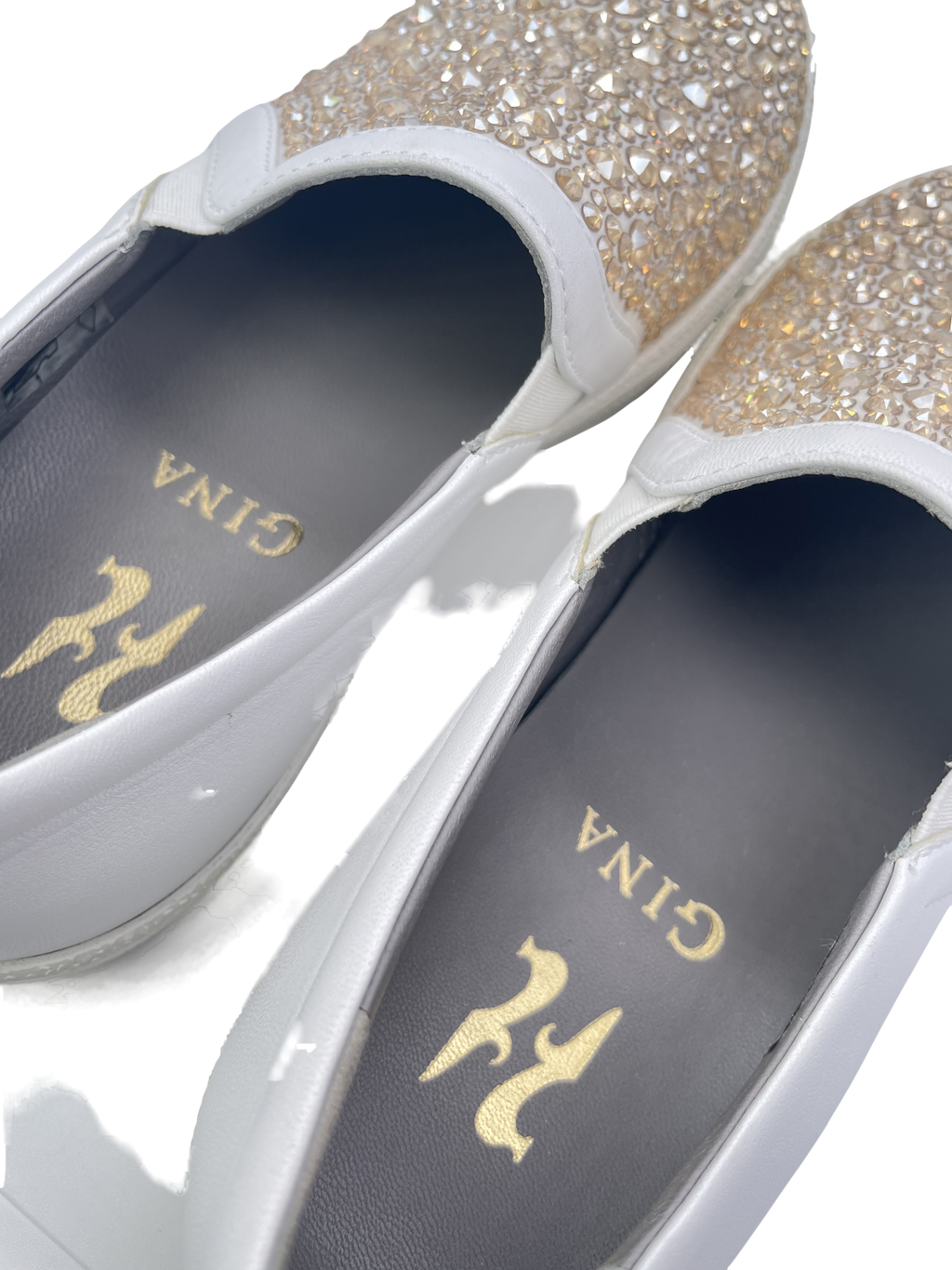 Gina White White/gold Leather & Crystal Embellished Satin Gioia Slip On Skate Sneakers Trainers UK 4 EU 37 👠