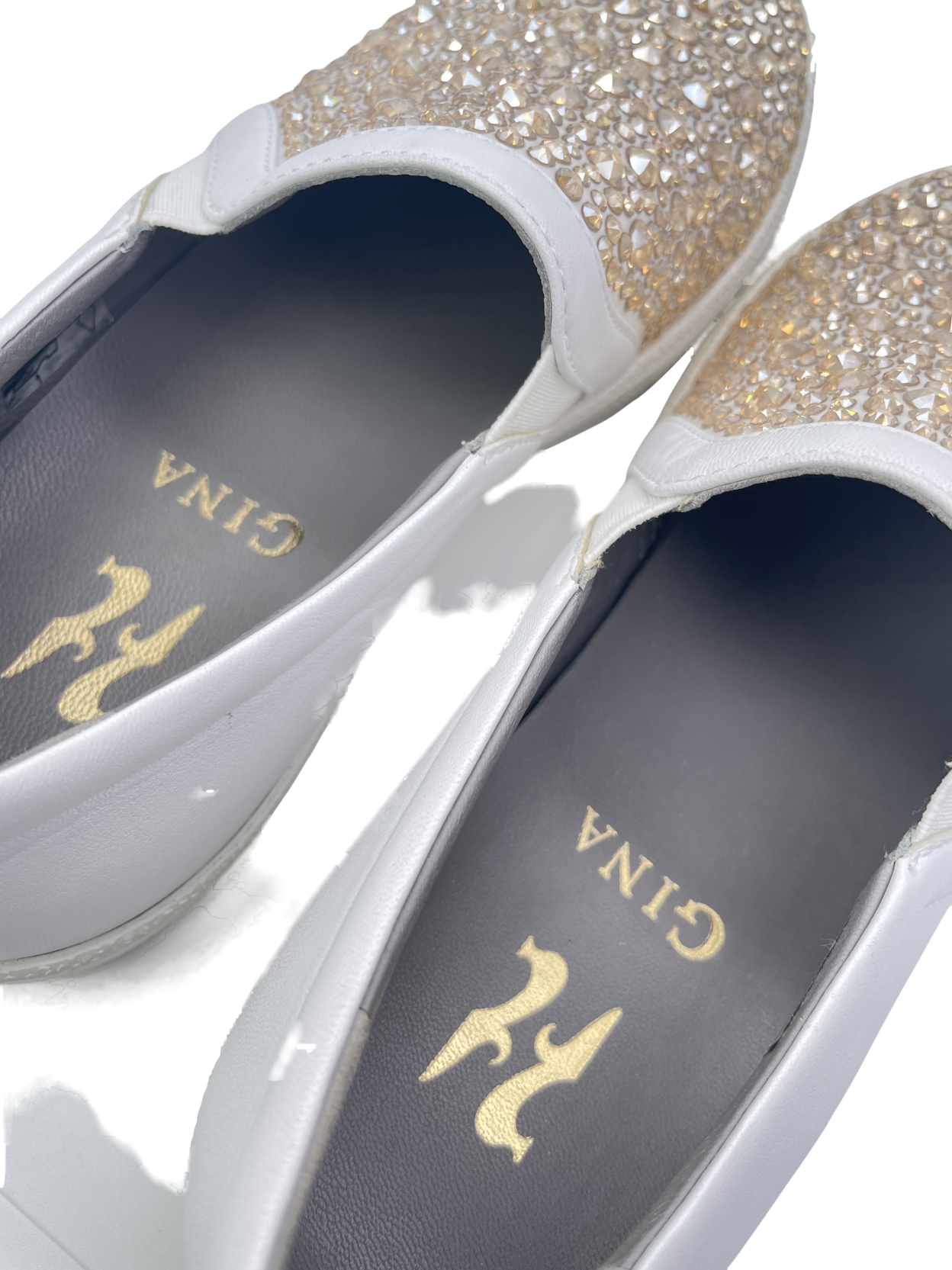 Gina White White/gold Leather & Crystal Embellished Satin Gioia Slip On Skate Sneakers Trainers UK 4 EU 37 👠