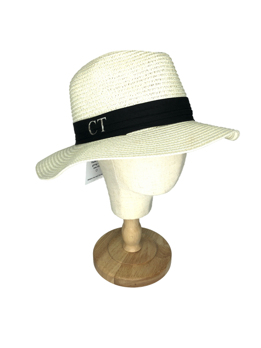 Cream Straw Fedora Hat With Ct Personalisation One Size