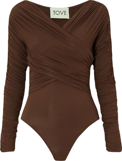 TOVE Brown Joni Wrap-effect Ruched Stretch-jersey Bodysuit UK 10