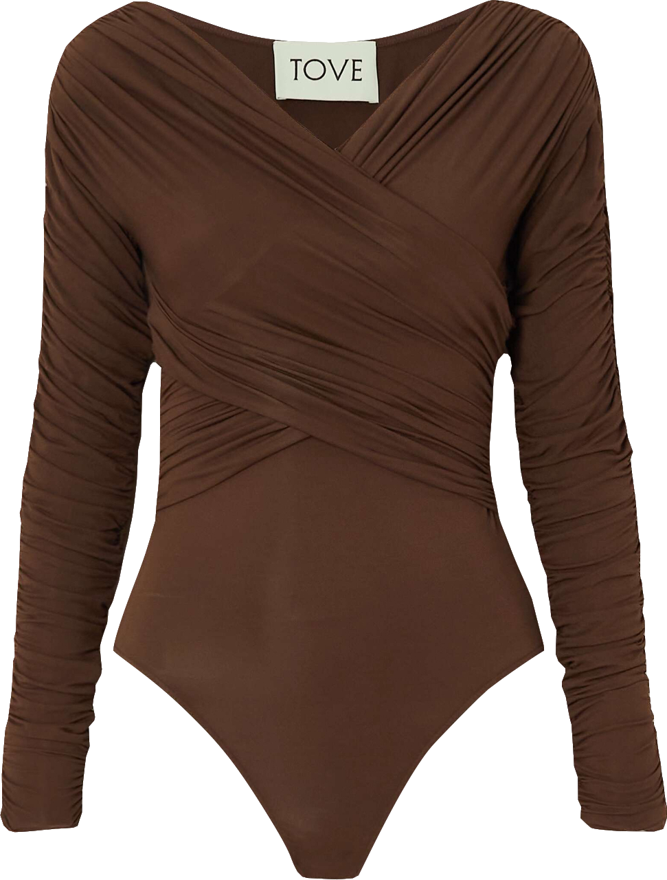 TOVE Brown Joni Wrap-effect Ruched Stretch-jersey Bodysuit UK 10