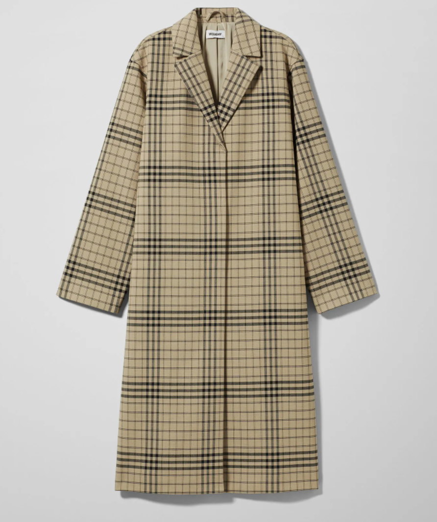 weekday brown long checked coat uk xs