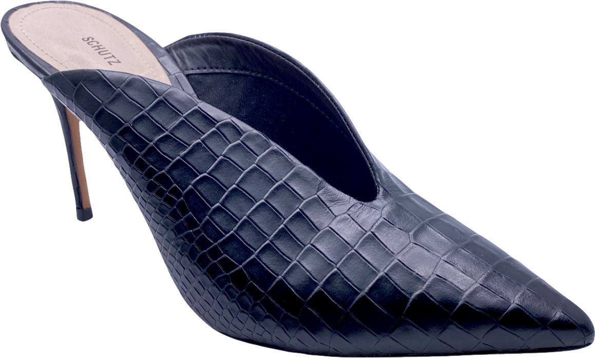 Schutz Black Leather Croc Stiletto Heel UK 8 EU 41 👠