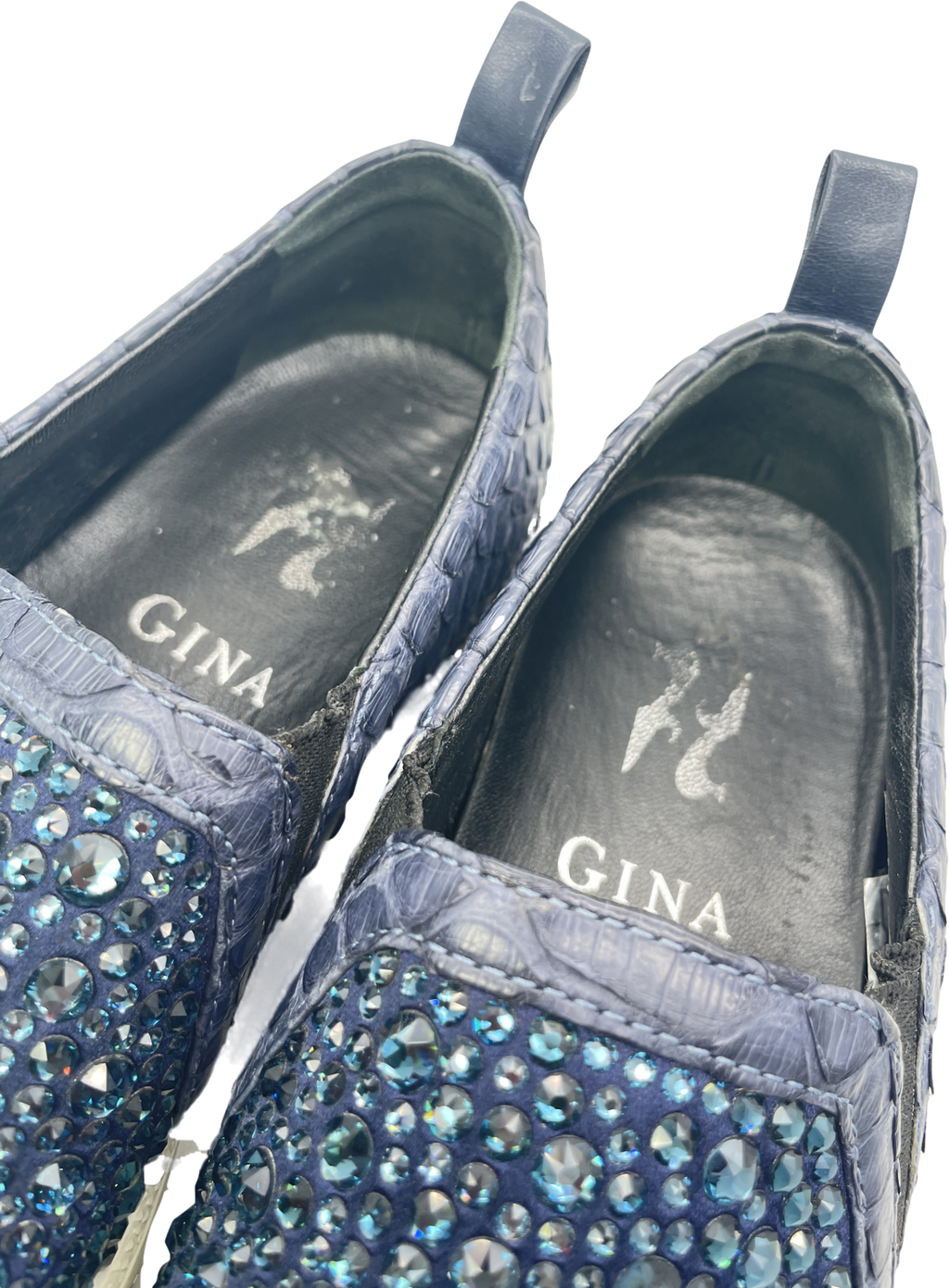 Gina Blue Navy Snake Leather & Crystal Embellished  Slip On Skate Sneakers Trainers UK 3 EU 36 👠