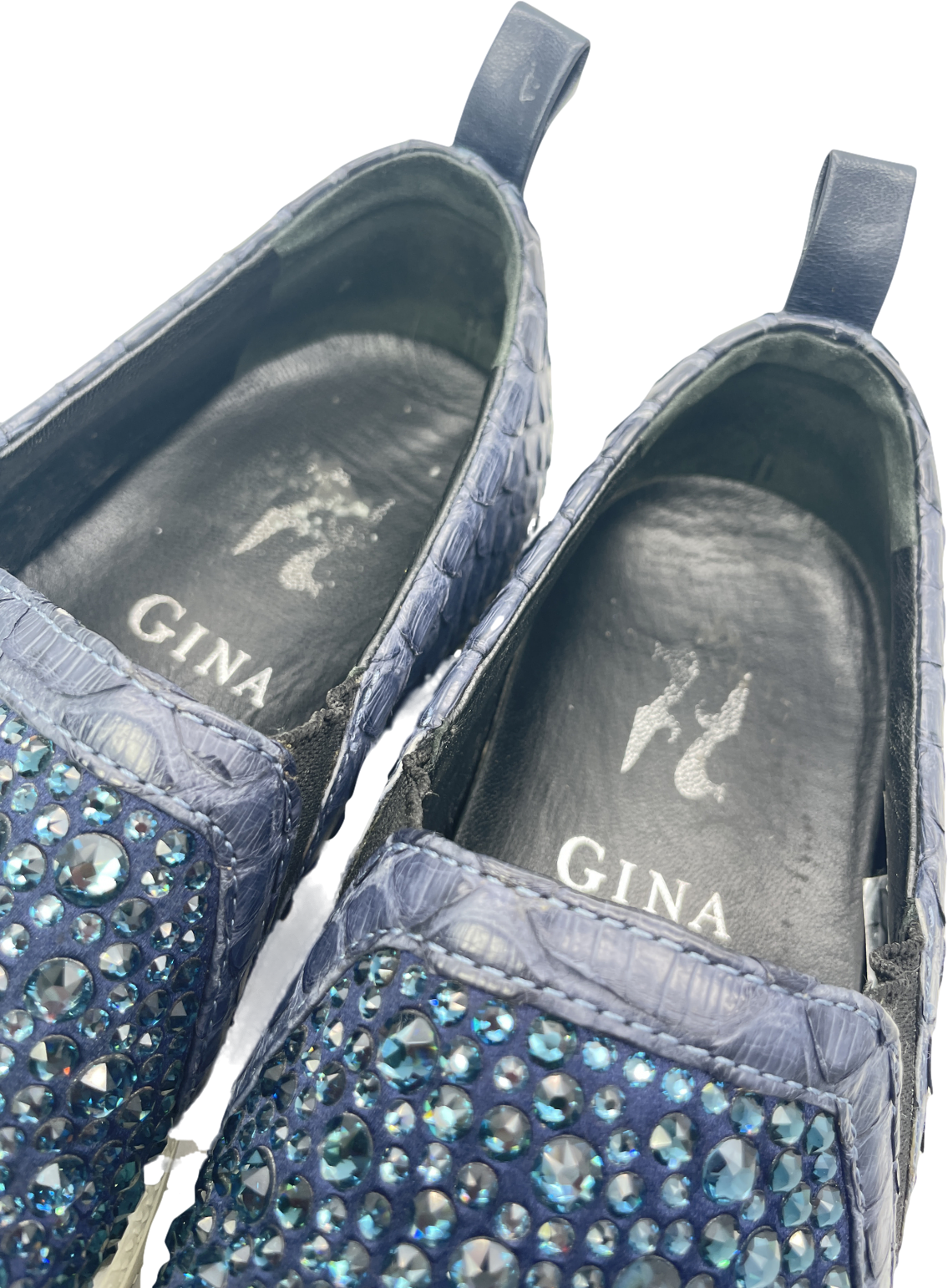 Gina Blue Navy Snake Leather & Crystal Embellished  Slip On Skate Sneakers Trainers UK 3 EU 36 👠
